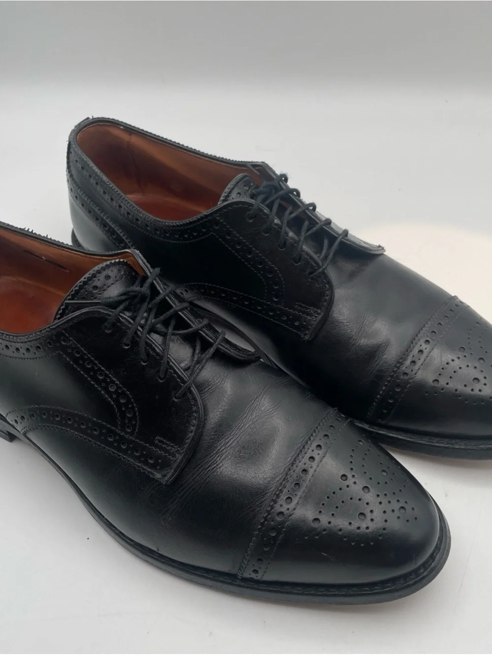 Allen Edmonds Black Leather Cap-Toe Derby Shoes with Broguing